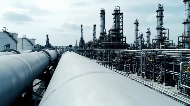 Industrial oil refinery with large pipes and towers in the background