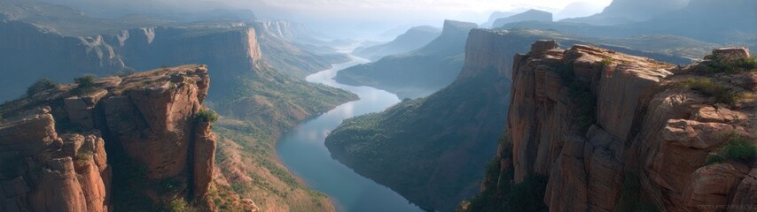 Dramatic landscape view of canyon with river and imposing cliffs under a cloudy sky