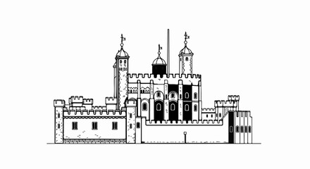 Obraz premium A black and white drawing of a large, multi-towered castle structure