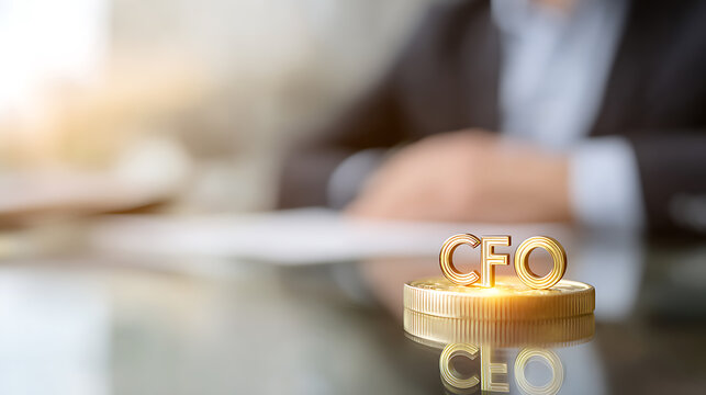 Golden 'CFO' Abbreviation on Coin with Person in Background, Emphasizing Financial Leadership and Executive Role