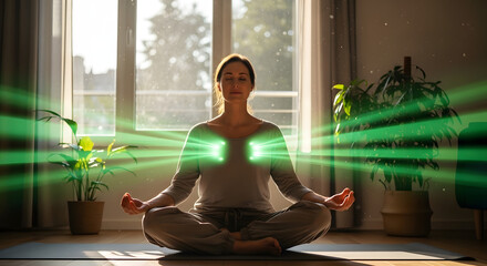 Woman meditating in lotus pose with glowing green heart chakra energy, conceptual yoga and mindfulness illustration, zen atmosphere