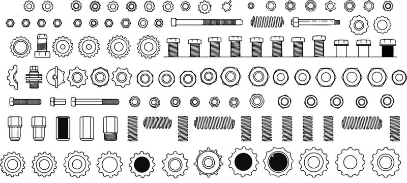 A collection of mechanical engineering components including bolts, nuts, gears, and springs