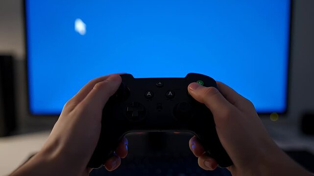 Hands holding a black gaming controller with visible buttons, focused on a blue screen displaying a cursor, creating an immersive gaming experience in a cozy indoor setting