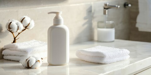 Fototapeta premium Bathroom scene. White towels, soap dispenser, cotton branches present on marble countertop. Clean, minimalist aesthetic. Soft lighting.