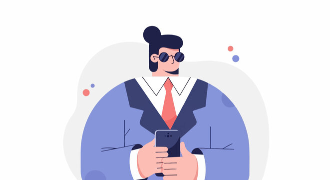 A stylized businessman with a bun haircut, wearing sunglasses and a suit, holding a phone