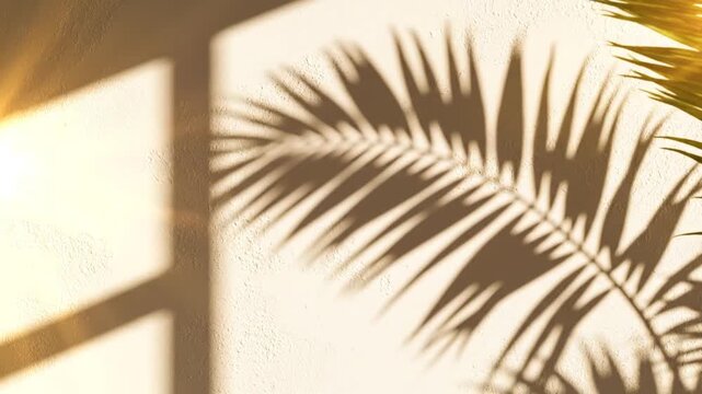 Palm leaf shadow on textured wall with sunlight casting geometric patterns.
