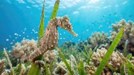 Fototapeta premium Seahorse clinging to green seagrass in vibrant coral reef underwater ocean environment, tropical marine life, detailed closeup