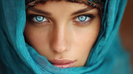 Naklejka premium Close up portrait of a woman with striking blue eyes and a turquoise scarf