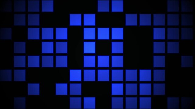 Abstract Blue Glowing Square Grid Pattern Flickering On Black Background In 4K Seamless Loop Video