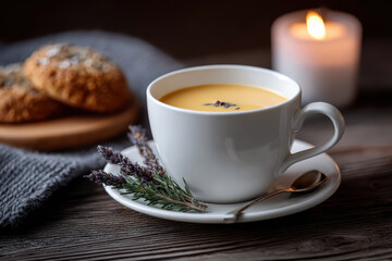 Close up of traditional lentil soup in white cup on wood table with glowing candle and warm sweet cookie creating cozy comforting mood
