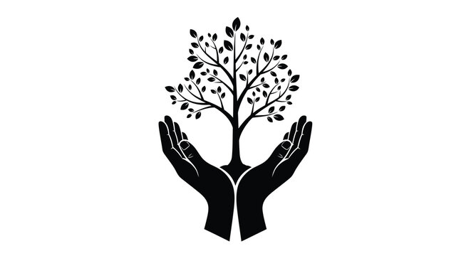 A striking black silhouette depicts cupped hands gently supporting a flourishing tree symbolizing growth and protection high quality professional