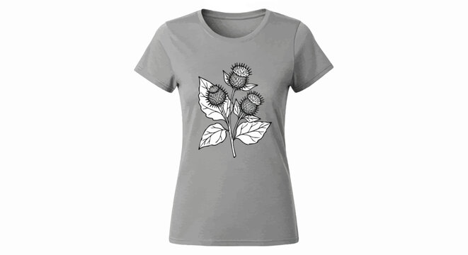 A grey t-shirt with a black and white line drawing of a burdock plant with three burrs