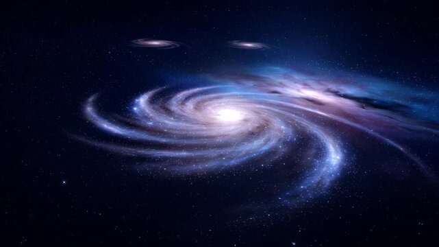 Dramatic depiction of a swirling spiral galaxy formation in the cosmos with stardust and nebulous clouds against a dark background.