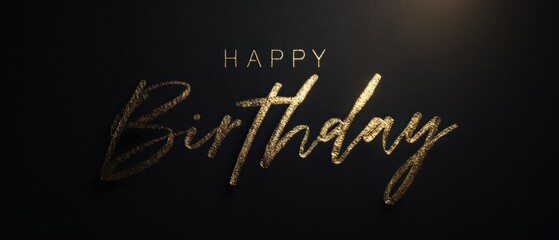 Elegant happy birthday greeting with gold lettering on dark background