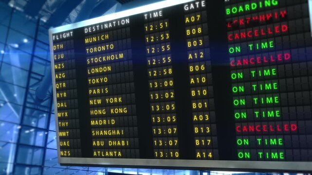 Airport's large tourist information board indicates that flights are cancelled. Departure board with red announcements about flight cancellations due to bad weather or other hazards, 4k footage.