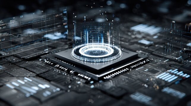 Close up view of a central processing unit with digital data overlay