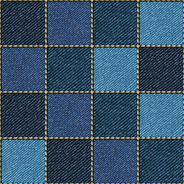 Seamless blue denim pattern with square fabric patches with stitching between them. Classic square geometric grid. Print for apparel, textile design