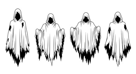 Obraz premium Four Terrifying Ghost Figures with Tattered Robes and Dark Hoods, Spooky Halloween Concept