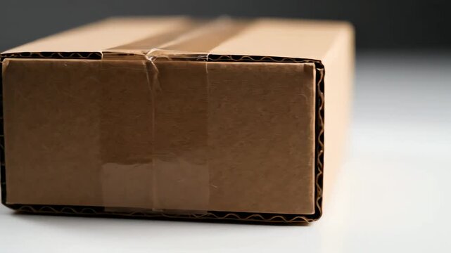 A sealed cardboard box on a white surface, perfect for shipping and storage needs