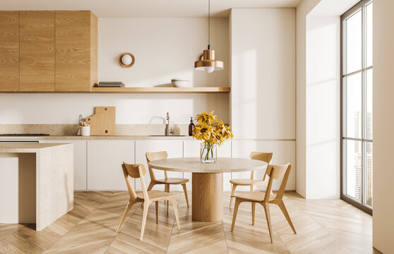 Modern kitchen interior with wooden table, chairs and cabinetry in minimalist style on bright background, concept of warm architecture harmony, 3D Rendering
