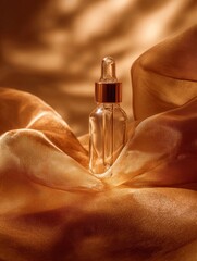 Naklejka premium Glass cosmetic dropper bottle placed on golden satin fabric folds with warm light reflections and smooth textile background surface for beauty product