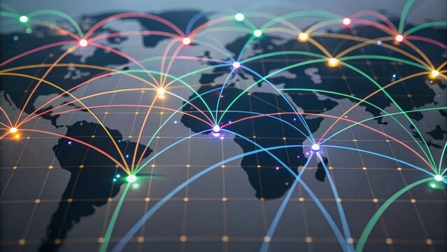 Global digital network connections illustrated by glowing arcs linking points across a world map on a dark background.
