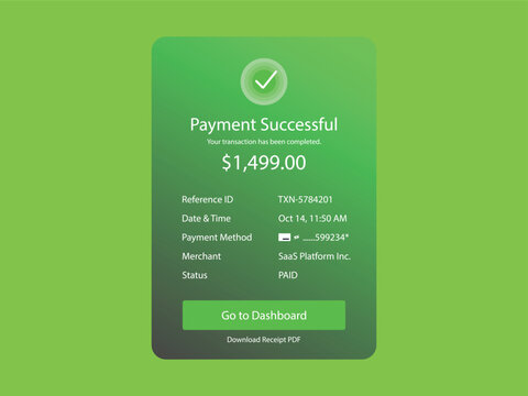 A transaction shows payment confirmation of $1,499 on a computer screen. The details include reference number, date, time, payment method, and merchant information.eps