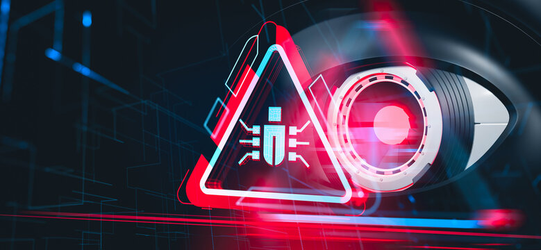 Warning triangle with malware icon and digital eye in futuristic neon style on dark tech background, concept of cybersecurity threat, 3D Rendering
