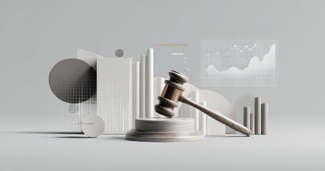 Conceptual gavel on podium with data charts illustrating legal and financial concepts