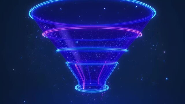 Futuristic funnel made of glowing neon lines with a starry background effect