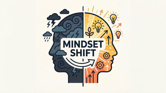 Mindset shift concept illustration representing transformation from negative thinking to positive growth mindset for personal development and psychology education