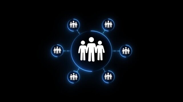 A business black blackground a glowing orb with team icons, representing leadership, community, and sponsorship network 4k video...