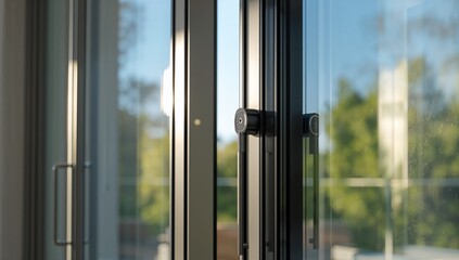 Fototapeta premium Showing vertical metal door frame highlighting cylindrical lock on balcony, with glass reflections