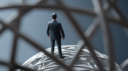 Tiny businessman figurine stands on abstract structure, gazing into the distance, symbolizing future vision, challenge, and opportunity in a complex world