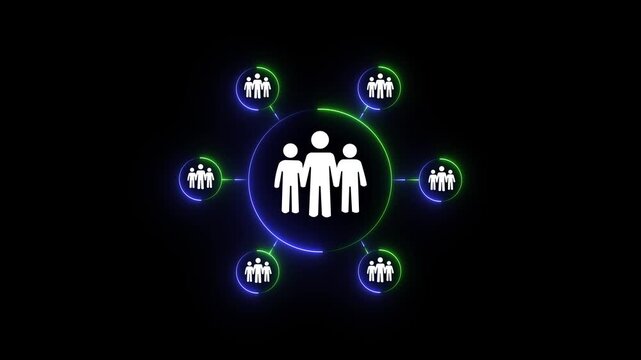 A business black blackground a glowing orb with team icons, representing leadership, community, and sponsorship network 4k video...