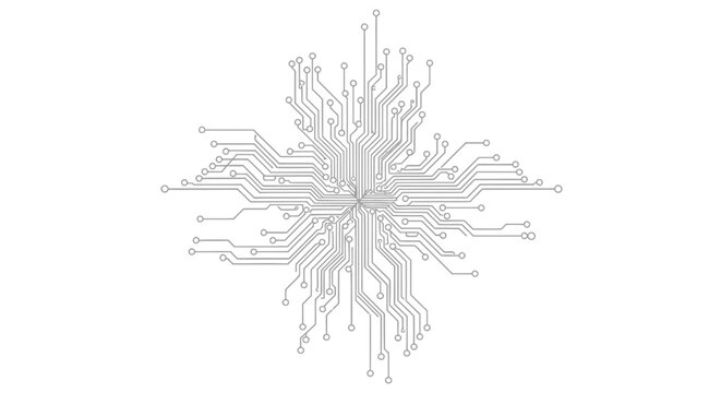 Abstract circuit board pattern in a snowflake or star-like shape, symbolizing technology and connectivity, on an isolated white background.