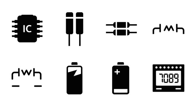 Set of electronic components icons including an IC chip, cables, resistor, battery, and digital timer on an isolated white background.