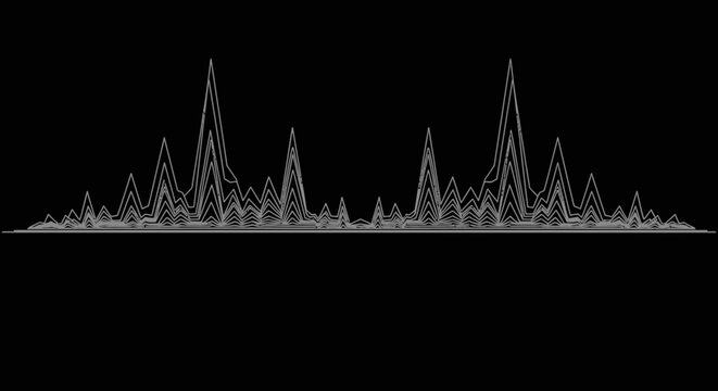 Abstract sound waveform visualizer with thin lines depicting audio frequency on a dark black background.