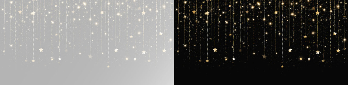 Golden confetti rain with hanging glitter strings for luxury event invitation and festive web header
