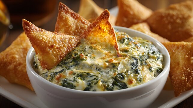 Creamy spinach and artichoke dip with crispy wonton chips, a savory appetizer illustration.