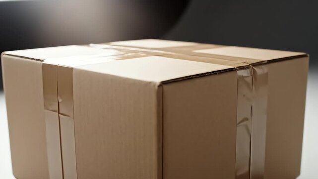 Close-up of a sturdy corrugated cardboard shipping box, securely sealed with clear packing tape, ready for transport or delivery, symbolizing e-commerce and logistics