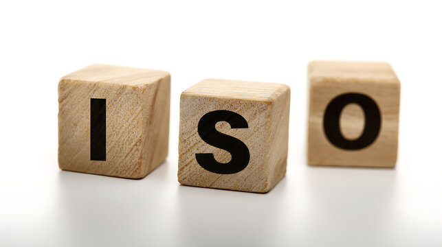 Wooden blocks spell out a three-letter acronym, symbolizing concepts of standardization, quality, and technical specifications on a clean white surface