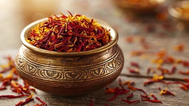indian saffron, brass bowl, red spice, saffron