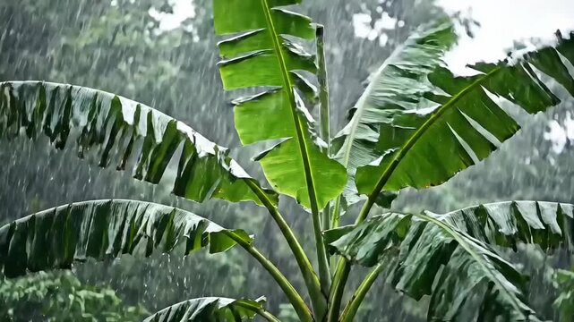Large green banana plant leaves in heavy rain with tropical background