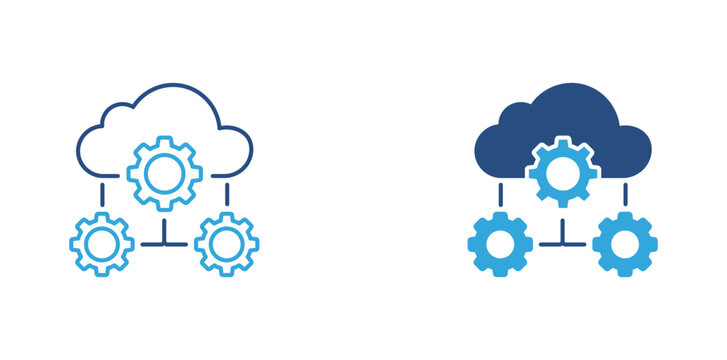 Cloud workflow icon set. Cloud with connected gears icon, data processing and system automation concept. Vector illustration.