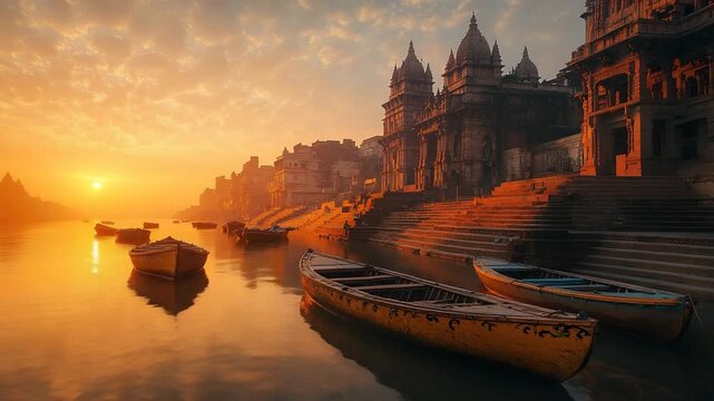 varanasi ghats at sunrise on the ganges river india