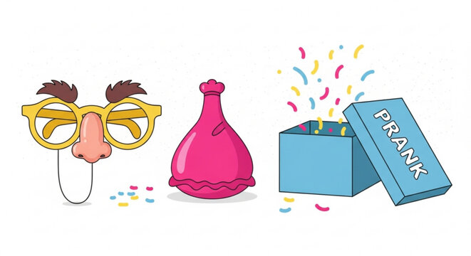 Cartoon prank items with glasses nose rubber bulb and confetti box on white background for humorous party concepts