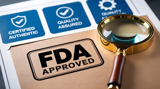 Fda approved stamp on official certification document with magnifying glass for quality assurance review and compliance inspection in professional healthcare regulatory environment setting