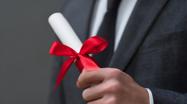 Professional man in formal attire holds a rolled document with a red ribbon, symbolizing achievement, success, and academic accomplishment in a business setting