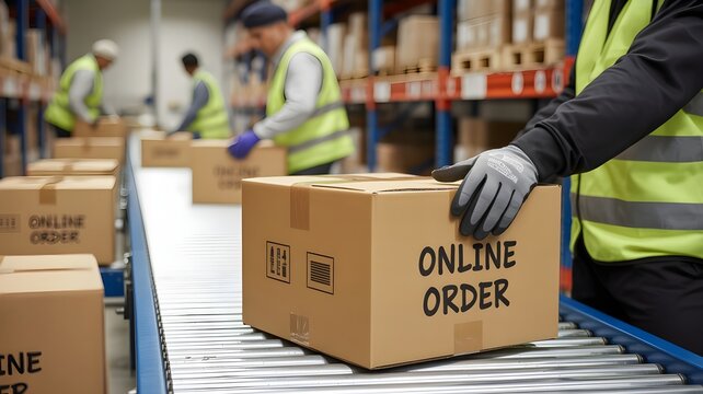 Warehouse workers process cardboard boxes on a conveyor belt system in a busy distribution center for fast e commerce shipping logistics and supply chain management operations in a modern industrial
